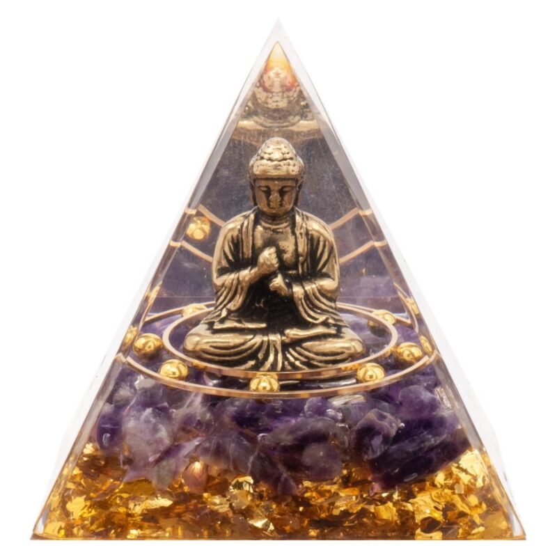 Pyramide Orgonite de Protection en Résine et Pierre Naturelle Améthyste et Bouddha en Cuivre - 6x6cm