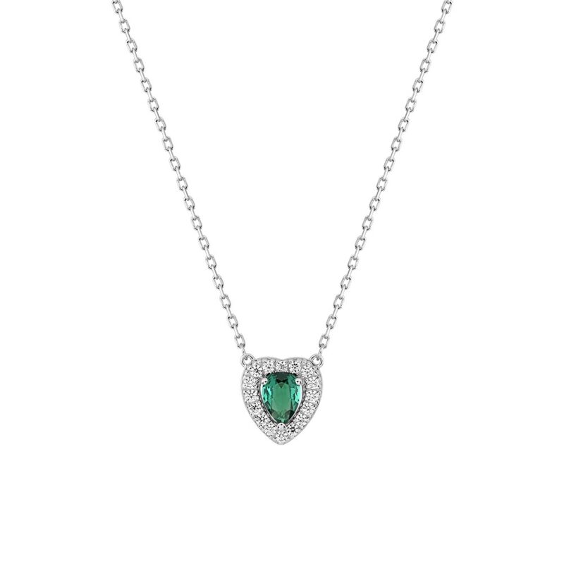 Collier Argent Rhodié 925/1000 Coeur avec Oxyde Vert Forme Poire et Entourage Oxydes Blanc