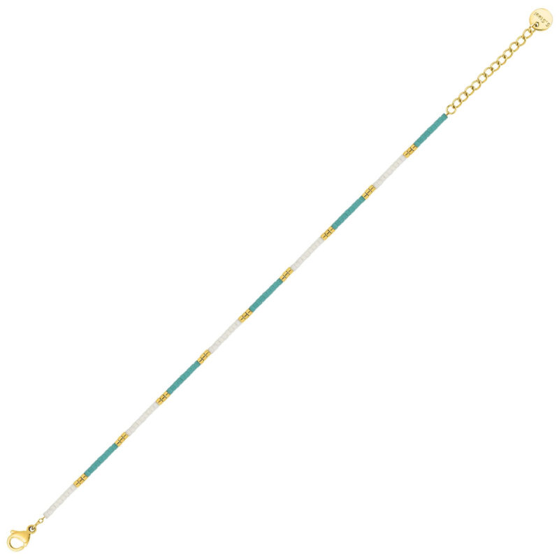 Bracelet Fashion Steel Acier Doré 1 Rang Perles de Miyuki Turquoises et Blanches – Image 2