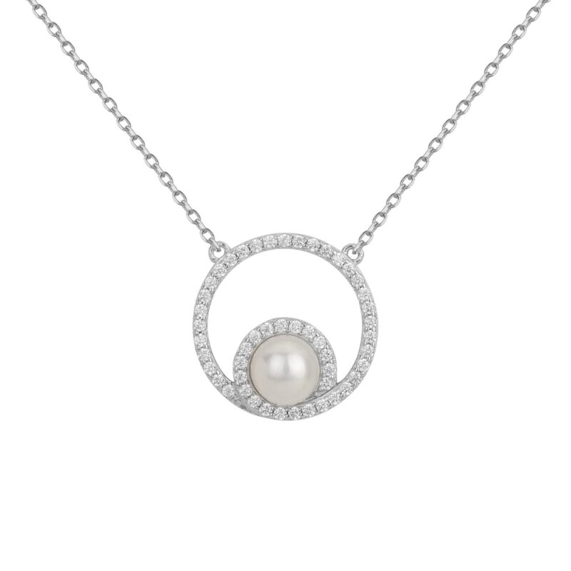 Collier Argent Rhodié 925/1000 Double Cercle Pavage Oxydes et Perle de culture