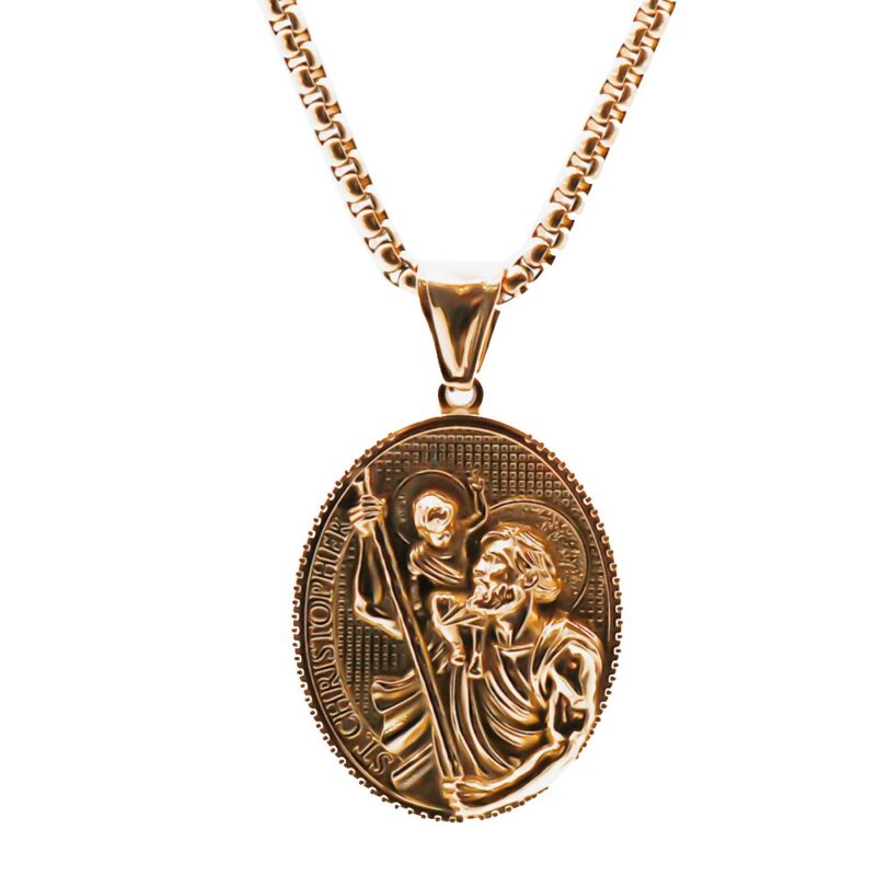 Collier Homme Acier Doré Maille Vénitienne et Pendentif Saint Christophe