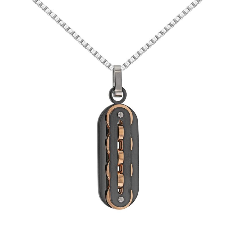 Collier Homme Acier Maille Vénitienne et Pendentif Oblongue PVD Noir et Doré Rose