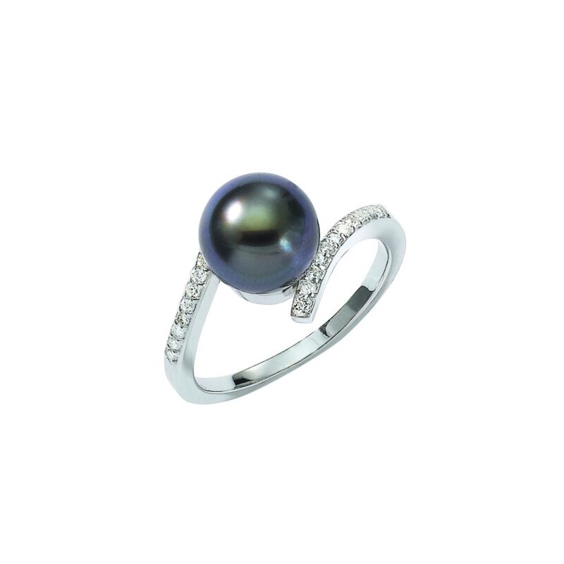 Bague Argent Rhodié 925/1000 Perle de Tahiti 8/9mm et 2 Rangs Oxydes