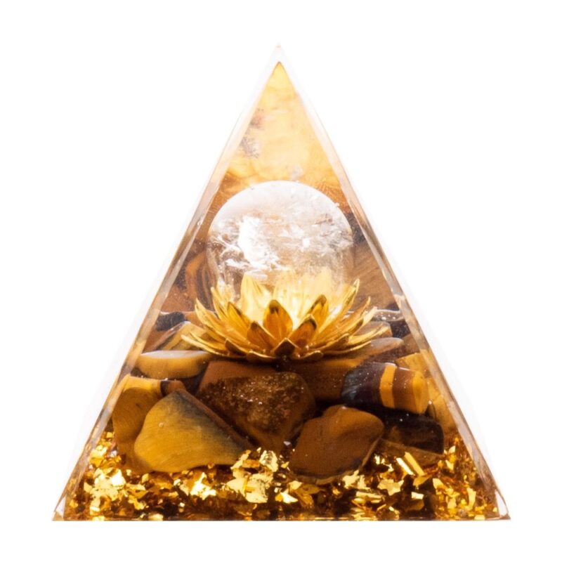 Pyramide Orgonite de Protection en Résine et Pierre Naturelle Oeil de Tigre et Cristal de Roche - 6x6cm