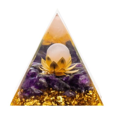 Pyramide Orgonite de Protection en Résine et Pierre Naturelle Améthyste et Quartz Rose Fleur de Lotus - 6x6cm