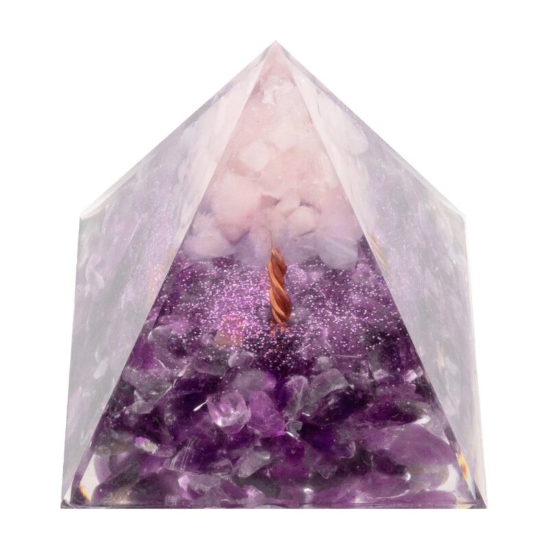 Pyramide Orgonite de Protection en Résine et Pierre Naturelle Améthyste et Quartz Rose - 6x6cm – Image 2