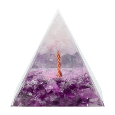 Pyramide Orgonite de Protection en Résine et Pierre Naturelle Améthyste et Quartz Rose - 6x6cm