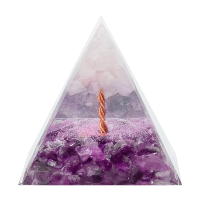 Pyramide Orgonite de Protection en Résine et Pierre Naturelle Améthyste et Quartz Rose - 6x6cm
