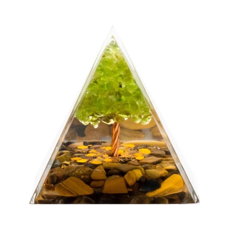 Pyramide Orgonite de Protection en Résine et Pierre Naturelle Oeil de Tigre et Quartz Vert - 5x5cm
