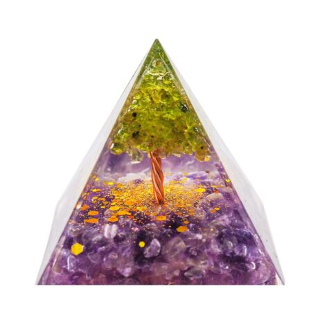 Pyramide Orgonite de Protection en Résine et Pierre Naturelle Quartz Vert et Améthyste - 5x5cm