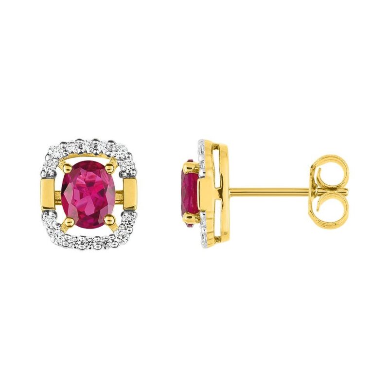 Boucles d'oreilles Or Jaune 750/1000 Rubis Ovales et Diamants 0.13ct
