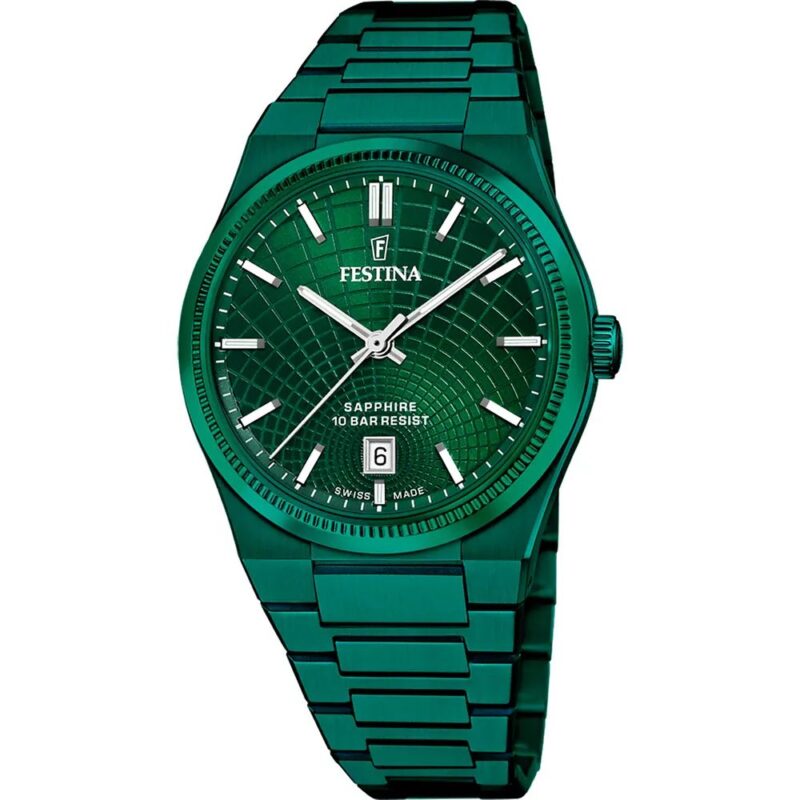 Montre Festina Homme Swiss Made Rivé Acier Cadran Vert Bracelet Acier et Verre Saphir  F20079/1