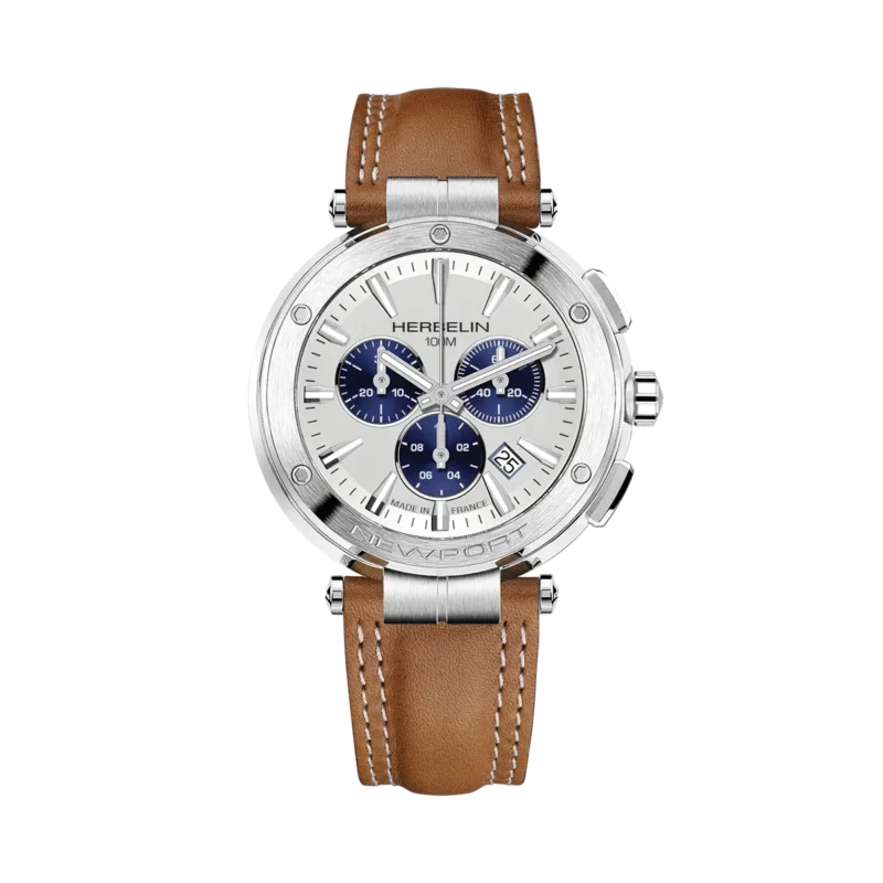 Montre Herbelin Homme Acier Chrono Newport Cadran Argent Compteurs Bleus Cuir Camel 37688A42GD
