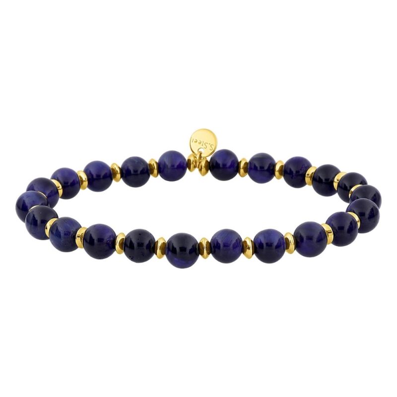 Bracelet Femme Acier Doré Pierres Naturelles Oeil de Tigre Bleu Perles 6mm