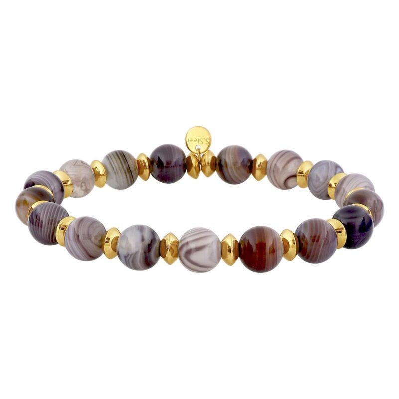 Bracelet Femme Acier Doré Pierres Naturelles Agate Perles 8mm