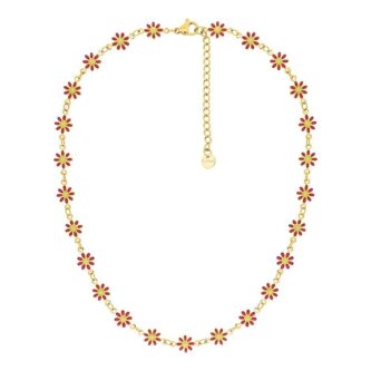 Collier Fashion Steel Acier Doré Fleurs Résine Rouge et Jaune