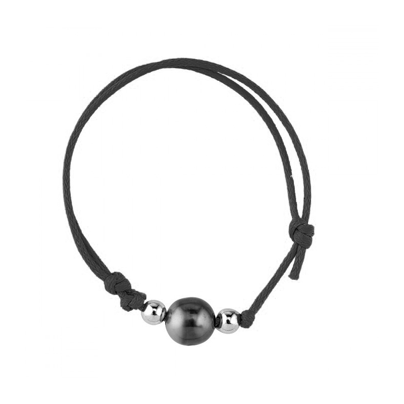 Bracelet Argent Rhodié 925/1000 Coton Ciré Noir et Perle de Tahiti 8mm