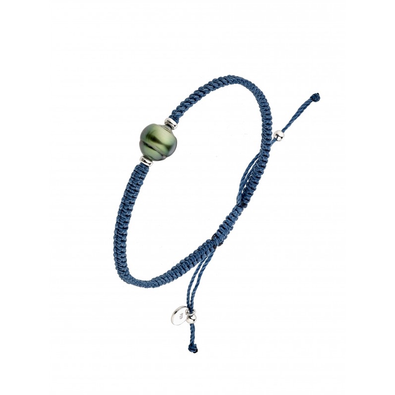 Bracelet Argent Rhodié 925/1000 Macramé Bleu et Perle de Tahiti 8mm