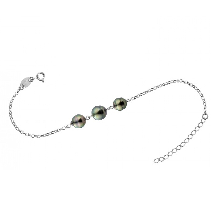 Bracelet Argent Rhodié 925/1000 et 3 Perles de Tahiti 8mm