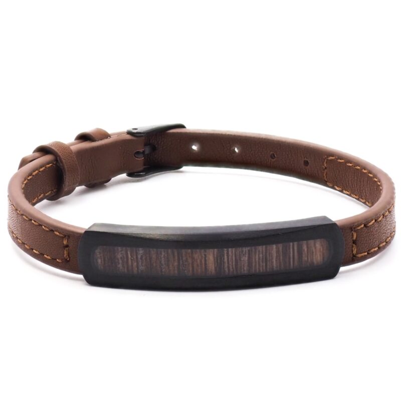 Bracelet Homme Acier Noir PVD incrusté imitation bois de cerf et Cuir Marron
