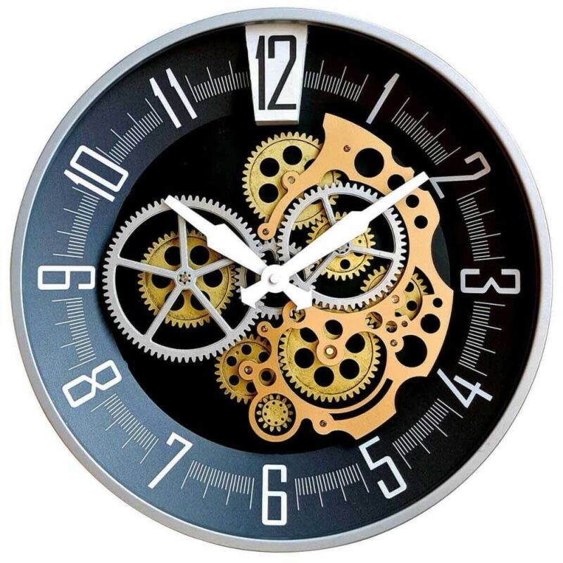 Horloge Murale Ronde Noire et Dorée Entourage Aluminium Rouages Animés Diamètre 40cm