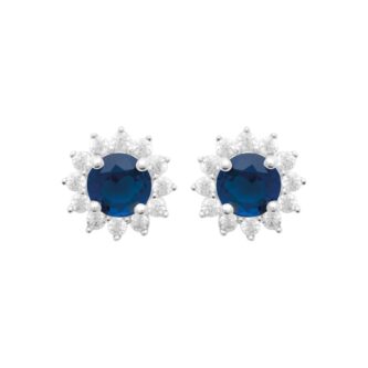 Boucles d'oreilles Argent Rhodié 925/1000 Marguerite Oxyde Bleu et Entourage Oxydes Blancs