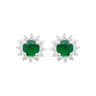 Boucles d'oreilles Argent Rhodié 925/1000 Marguerite Oxyde Vert et Entourage Oxydes Blancs
