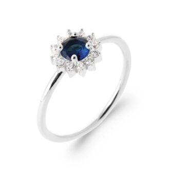 Bague Argent Rhodié 925/1000 Marguerite Oxyde Rond Bleu Entourage Oxydes Blancs - 52