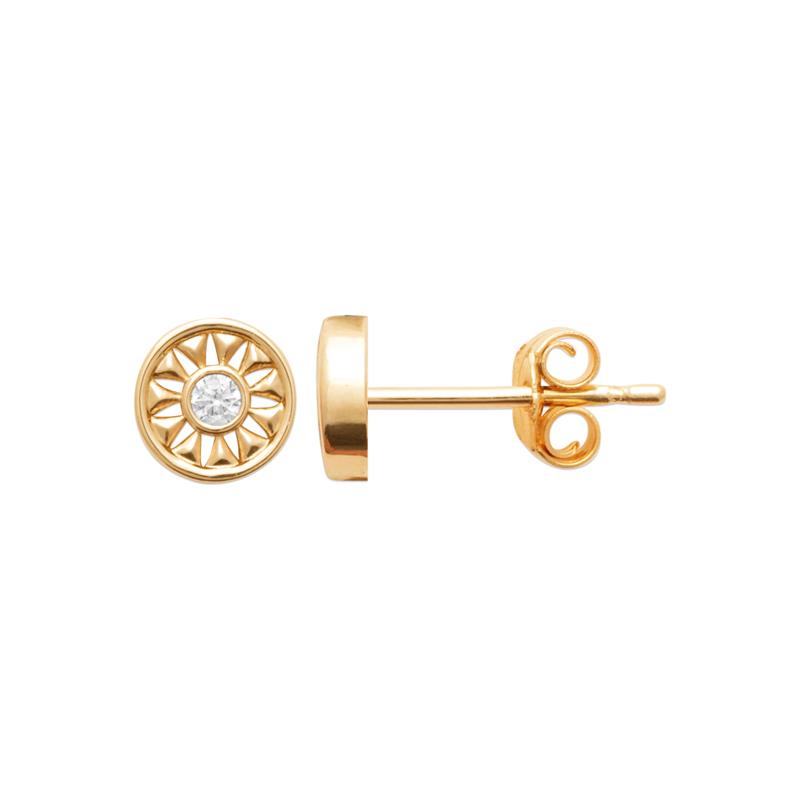 Boucles d'oreilles Plaqué Or Forme Ronde Motif Soleil et Oxyde Sertis Clos Diamètre 6mm – Image 2
