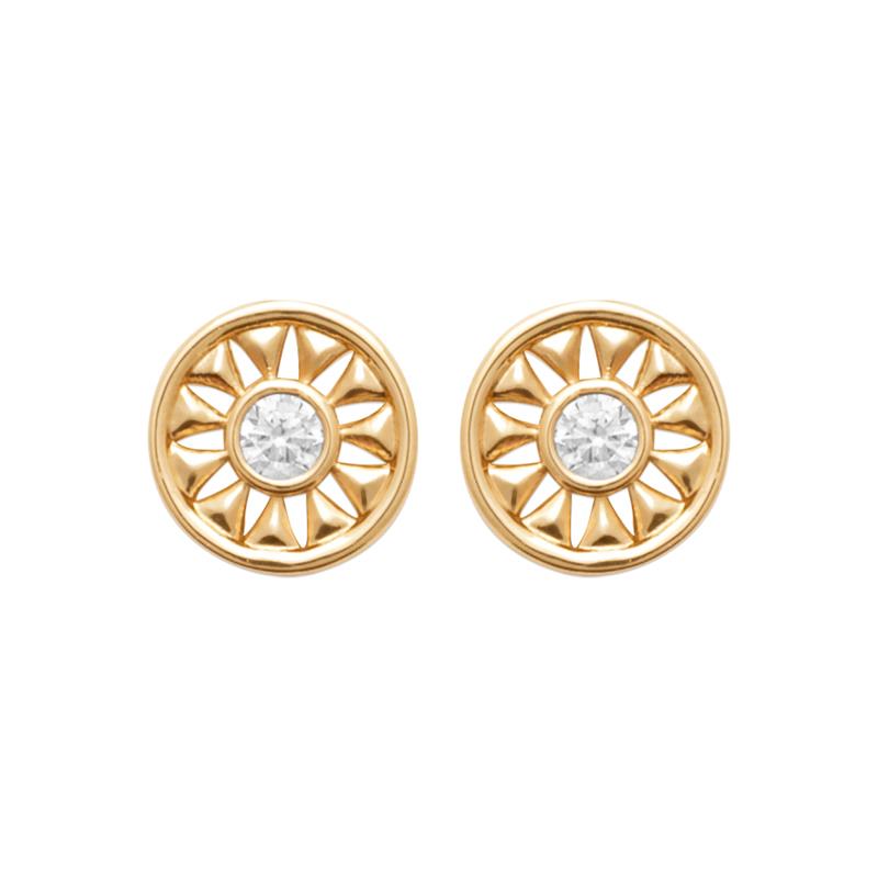 Boucles d'oreilles Plaqué Or Forme Ronde Motif Soleil et Oxyde Sertis Clos Diamètre 6mm