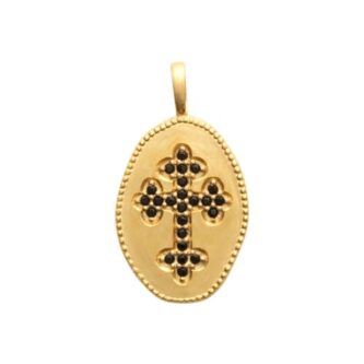 Pendentif Plaqué Or Jaune Effet Satiné Bords Perlés Croix Pavage Oxydes Noirs 18mm