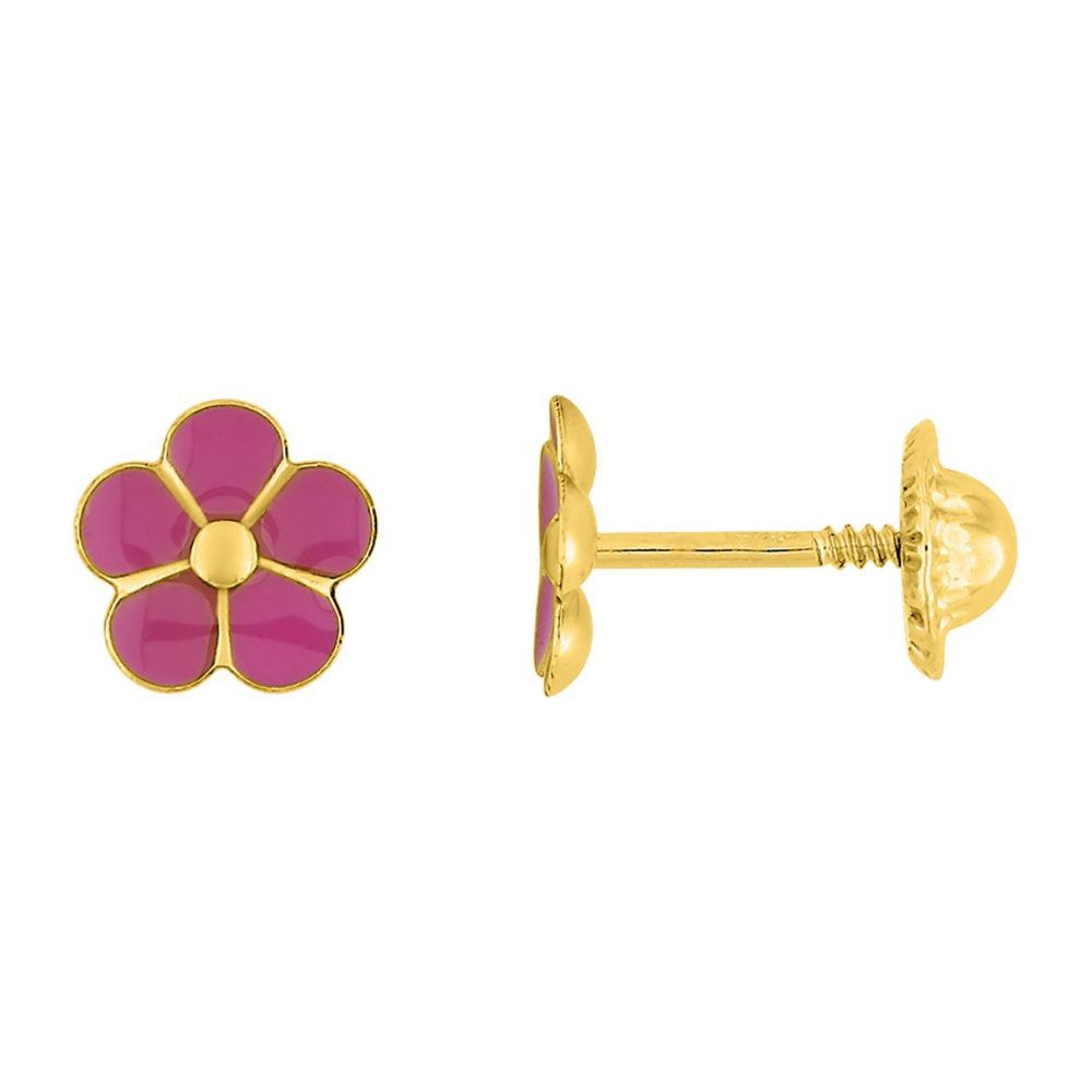 Boucles d'oreilles Or Jaune 375/1000 Fleurs Laque Rose Poussettes à vis