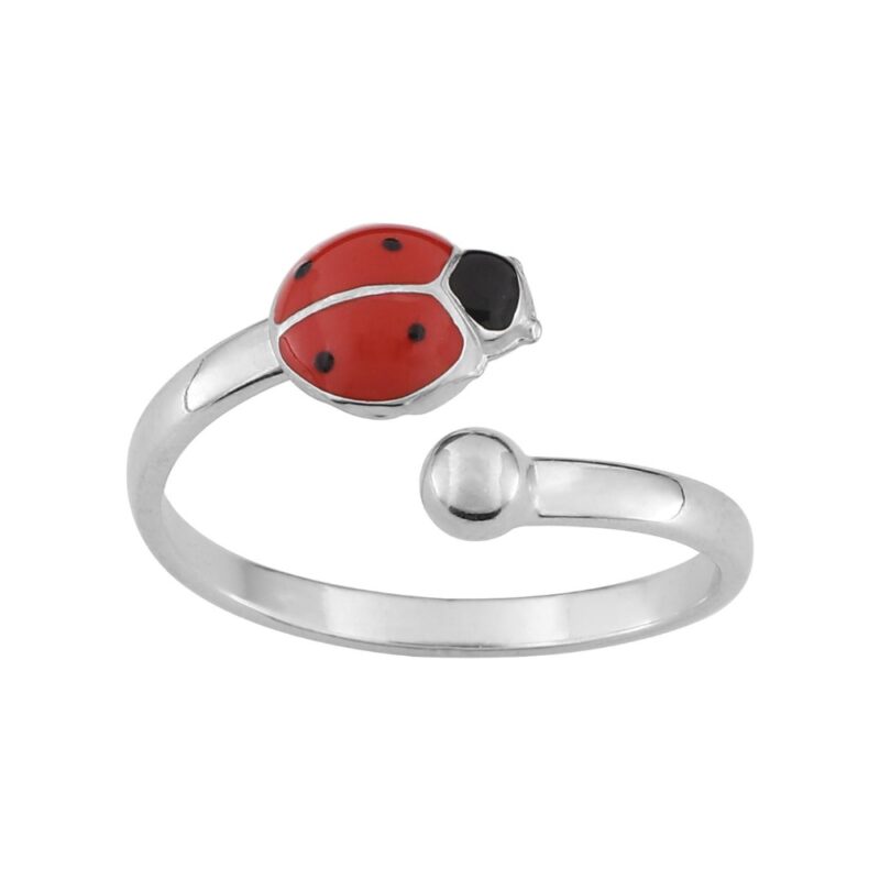 Bague Enfant Réglable Argent 925/1000 Rhodié Coccinelle et Laque Rouge et Noire
