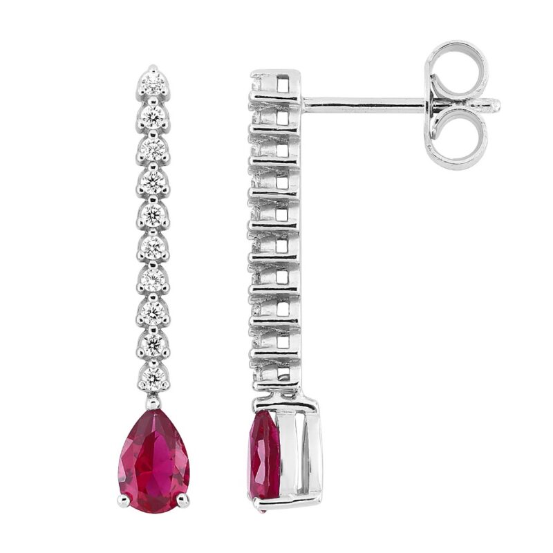 Boucles d'oreilles Pendantes Argent Rhodié 925/1000 Barette Oxydes Blancs et Poire Oxyde Rouge