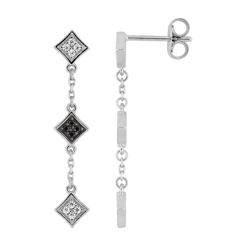 Boucles d'oreilles Pendantes Argent Rhodié 925/1000 Motifs Carrés Pavage Oxydes Blancs et Noirs