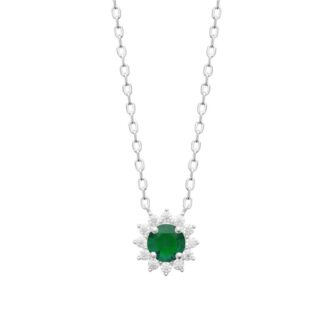 Collier Argent Rhodié 925/1000 Marguerite Oxyde Rond Vert Entourage Oxydes Blancs