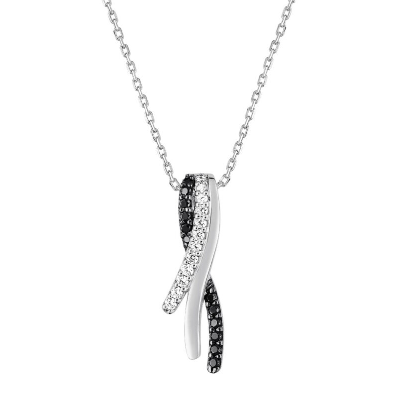 Collier Argent Rhodié 925/1000 Croisé Pavage Oxydes Blancs et Noirs
