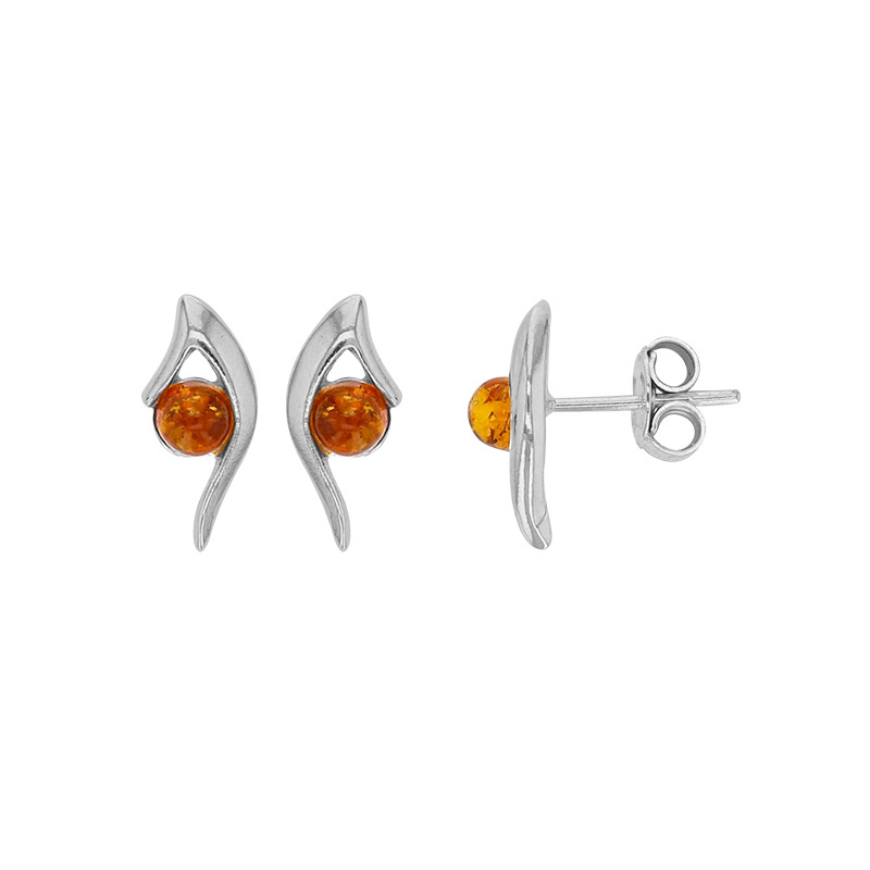 Boucles d'oreilles Argent Rhodié 925/1000 Ambre Cognac Boule 4mm