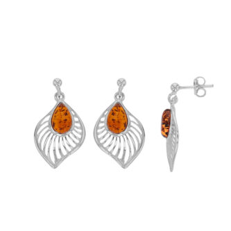 Boucles d'oreilles Pendantes Argent Rhodié 925/1000 Feuille Ajourée Ambre Cognac Forme Poire