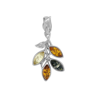 Pendentif Argent Rhodié 925/1000 Feuilles Tressés en Ambre Cognac Miel et Gris Hauteur 30mm