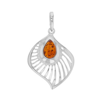 Pendentif Argent Rhodié 925/1000 Feuille Ajourée Ambre Cognac Forme Poire Hauteur 30mm
