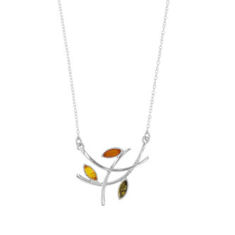 Collier Argent 925/100 Rhodié 3 Motifs Ambre Multicolore