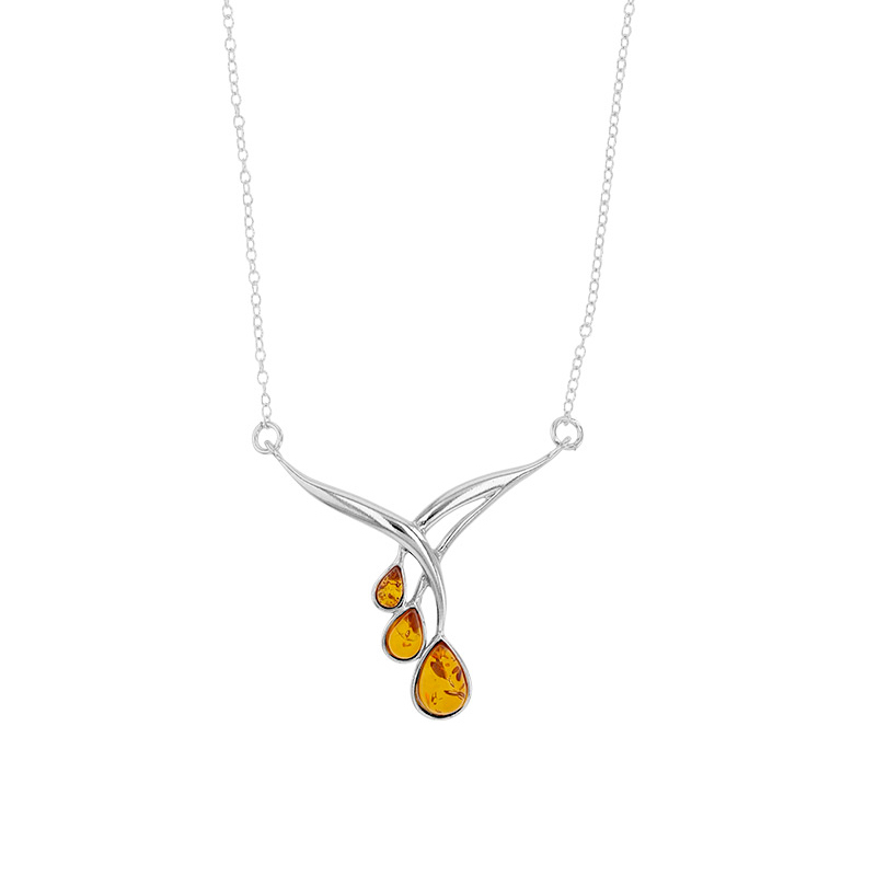 Collier Argent 925/100 Rhodié Ambre Cognac Forme Goutte