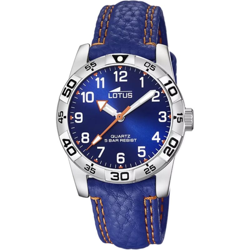 Montre Lotus Junior Analogique Bracelet Cuir Bleu Coutures Orange Fond Bleu 18665/2