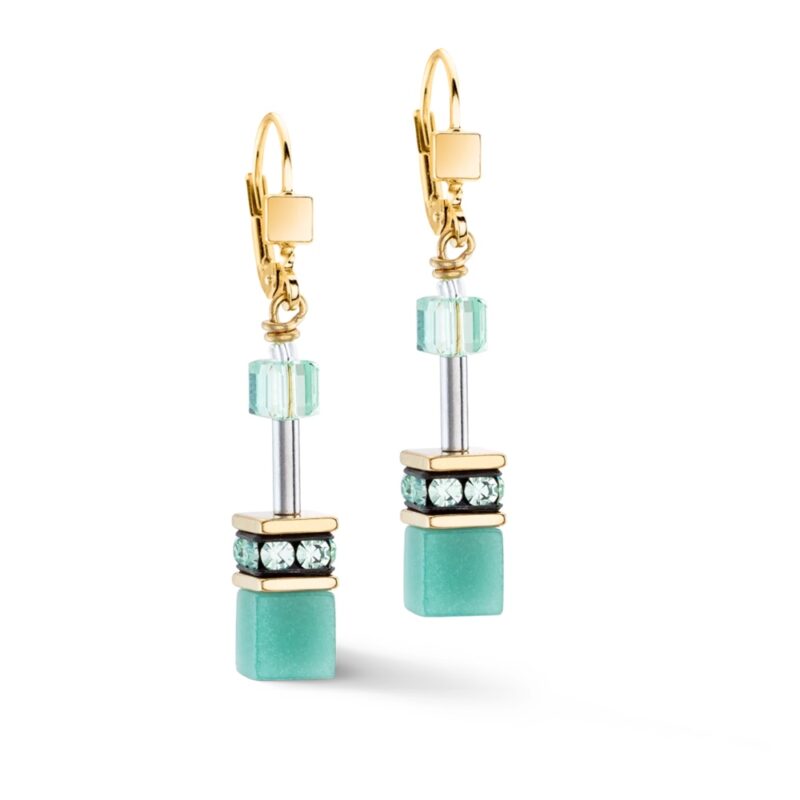 Boucles d'oreilles Coeur de Lion Pendantes GeoCUBE® Acier Gold Cristal et Pierres Naturelles Vert Tendre 4020/20-0533