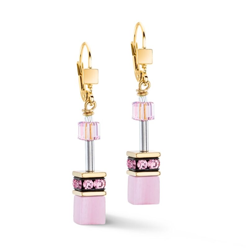 Boucles d'oreilles Coeur de Lion Pendantes GeoCUBE® Acier Gold Cristal et Pierres Naturelles Rose Clair 4020/20-1920