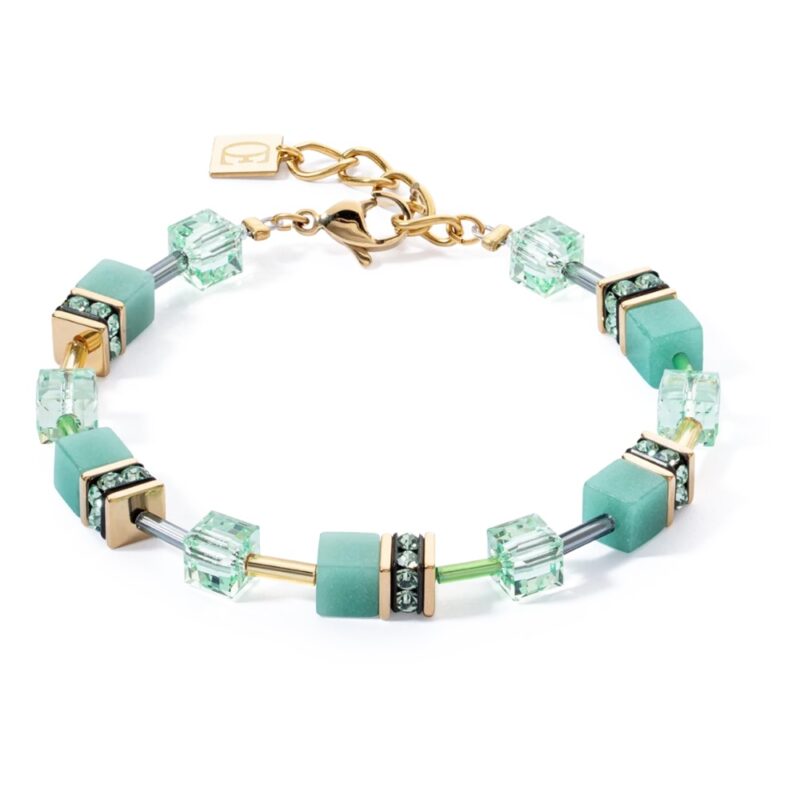 Bracelet Coeur de Lion GeoCUBE® Acier Gold Cristal et Pierres Naturelles Vert Tendre 4020/30-0533