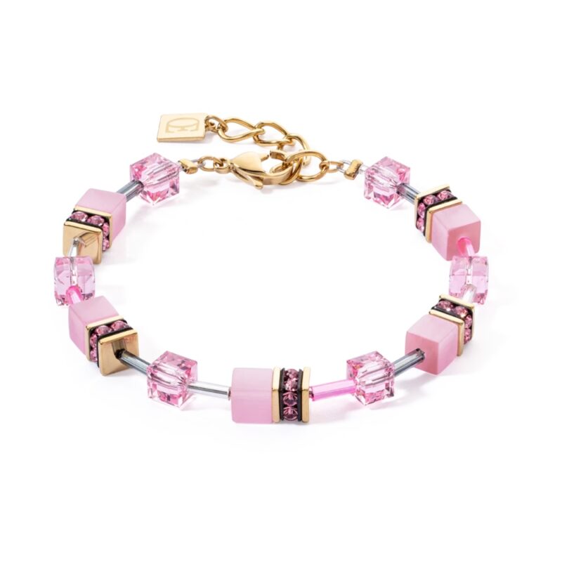 Bracelet Coeur de Lion GeoCUBE® Acier Gold Cristal et Pierres Naturelles Rose Clair 4020/30-1920