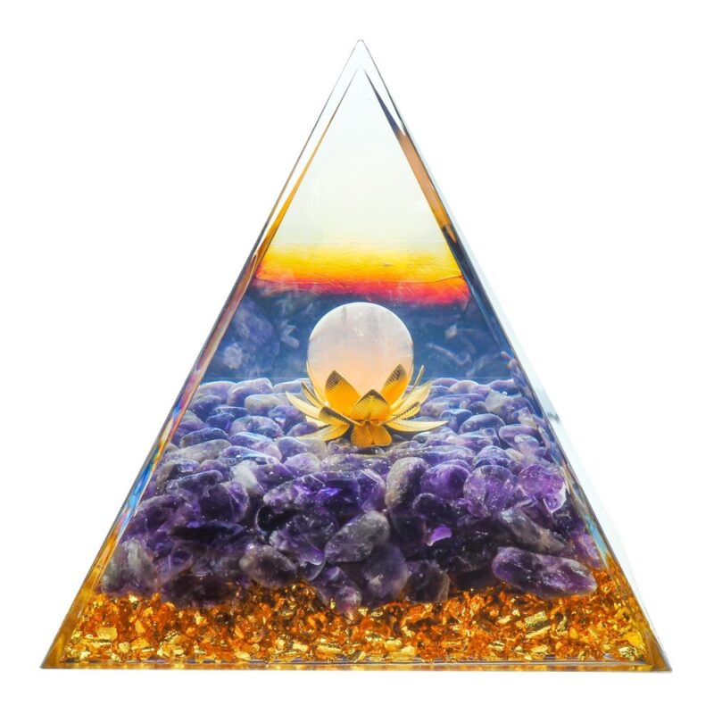 Pyramide Orgonite de Protection en Résine et Pierre Naturelle Améthyste et Quartz Rose - 10x10cm