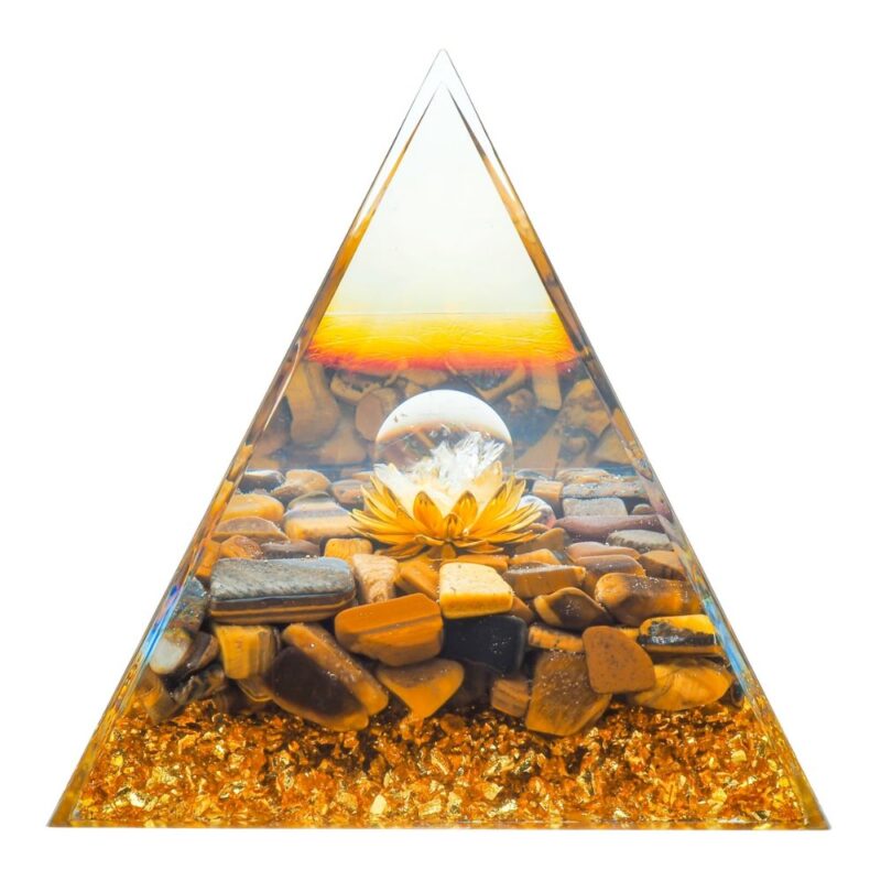 Pyramide Orgonite de Protection en Résine et Pierre Naturelle Oeil de Tigre et Cristal de Roche - 10x10cm
